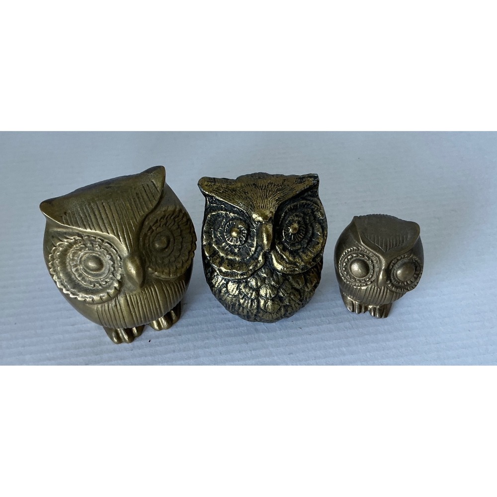 Unbranded Vintage Brass Owl Figurines Set of 3 Graduated Bird Statues Gold Decor